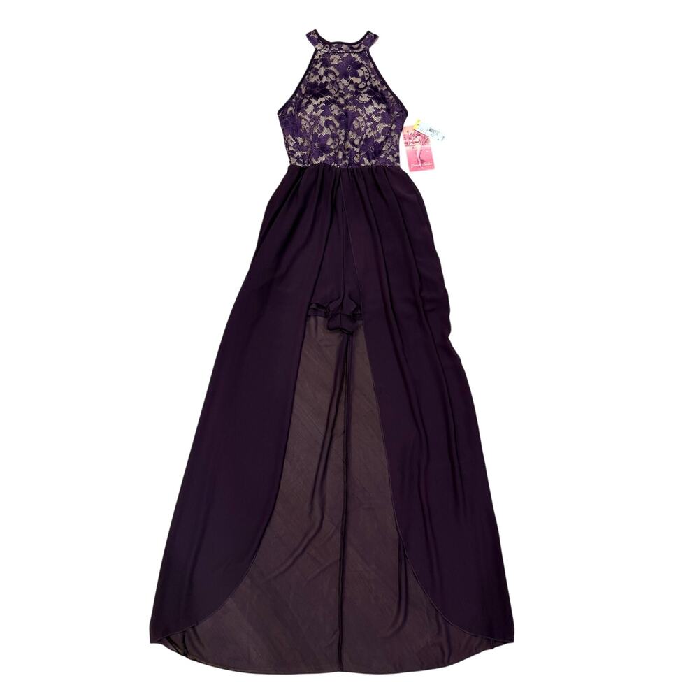 Emerald Sundae NWT Jr M Formal Purple Lace Leg Shorts‎ Sheer Overlay Maxi Dress